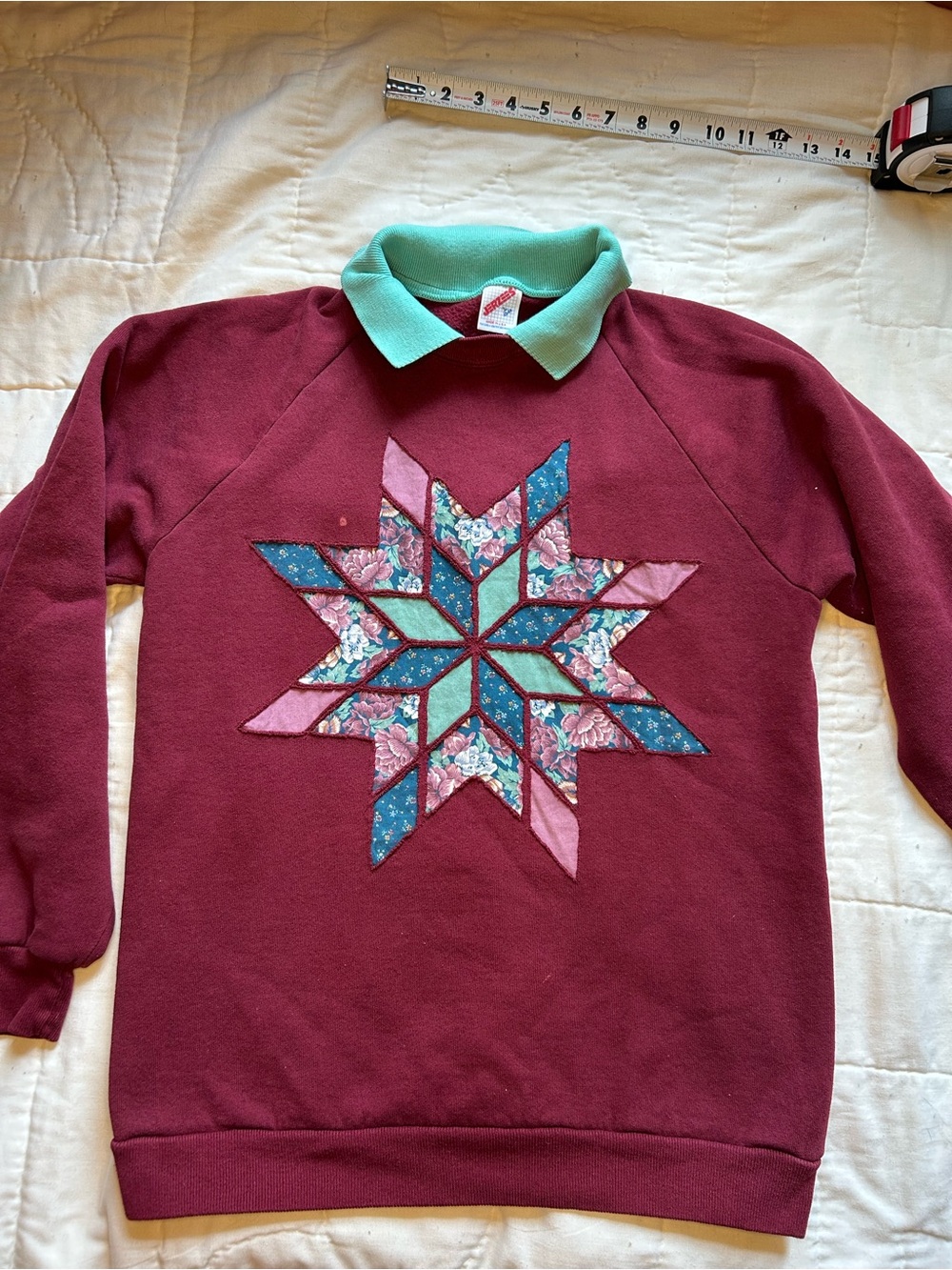 Cottagecore Burgundy Pullover Sweater with Mint Collar and Star Patchwork design